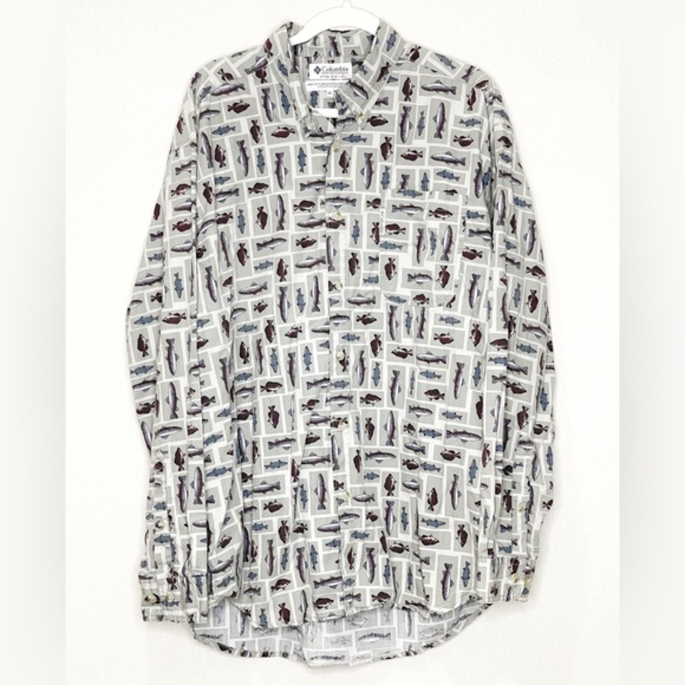 Columbia Men's Button Down Fish Print Long Sleeve Cotton Shirt‎ Size XL